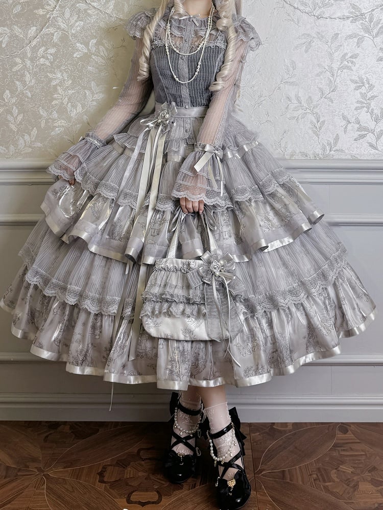 Grauer Stufenrock mit Kitty-Print, Silber und Lolita-Häschen