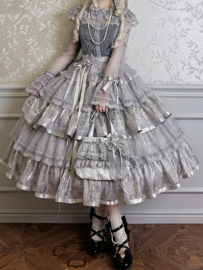 Grauer Stufenrock mit Kitty-Print, Silber und Lolita-Häschen