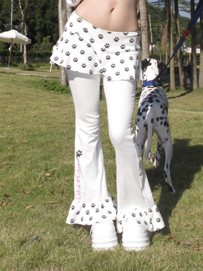 White Low Waist Paw Pattern Skirt Flared Pants