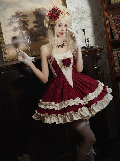 Red and Off White Boned Basque Waist Lolita Strapless Dress