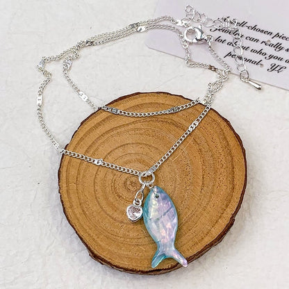 Y2K Halskette Blau/Weiß Fisch Herz und Bittersüß Strass Anhänger
