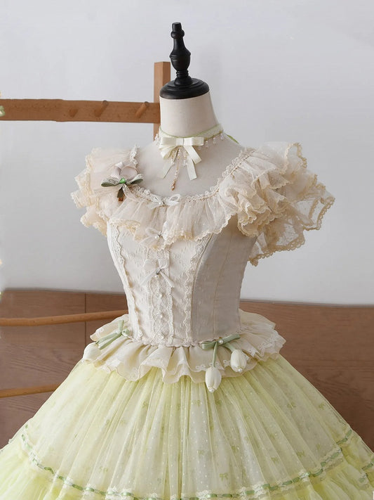 Jacquard Corset Heart Sleeves Fabric Top Flutter Tiered Ivory
