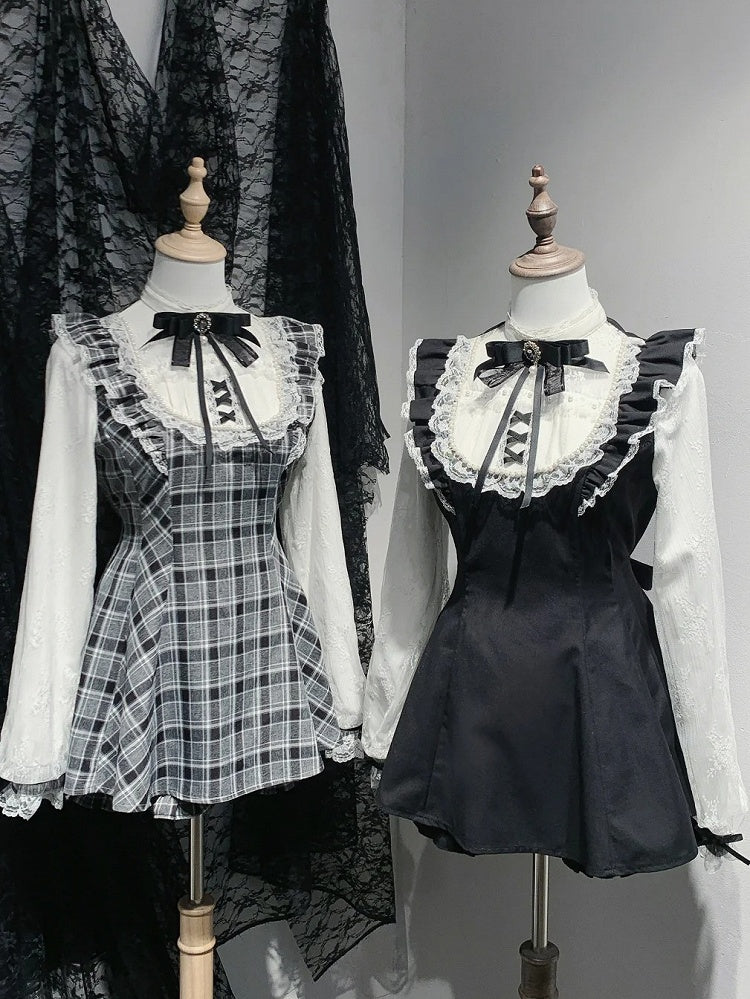 Sleeves Jirai Kei Black Illusion Neckline Flutter Plaid Set Lace Trim Mini Dress+Shorts White/Gray