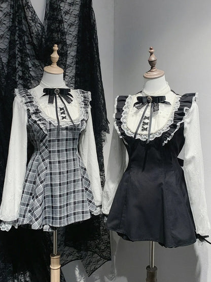 Sleeves Jirai Kei Black Illusion Neckline Flutter Plaid Set Lace Trim Mini Dress+Shorts White/Gray