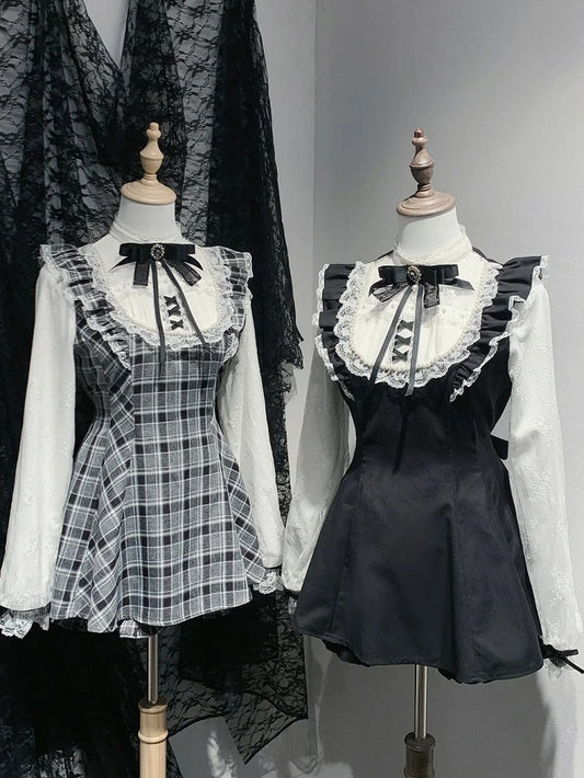 Sleeves Jirai Kei Black Illusion Neckline Flutter Plaid Set Lace Trim Mini Dress+Shorts White/Gray