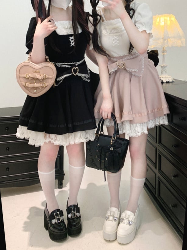 Jirai Kei Lace Bow Big Back Skirt Black/Light Trim Beaded Heart Decorated Blue Lace-up