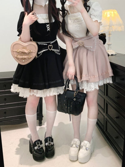 Jirai Kei Lace Bow Big Back Skirt Black/Light Trim Beaded Heart Decorated Blue Lace-up