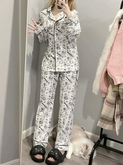 White Kitty and Guitar Print Pajama Set