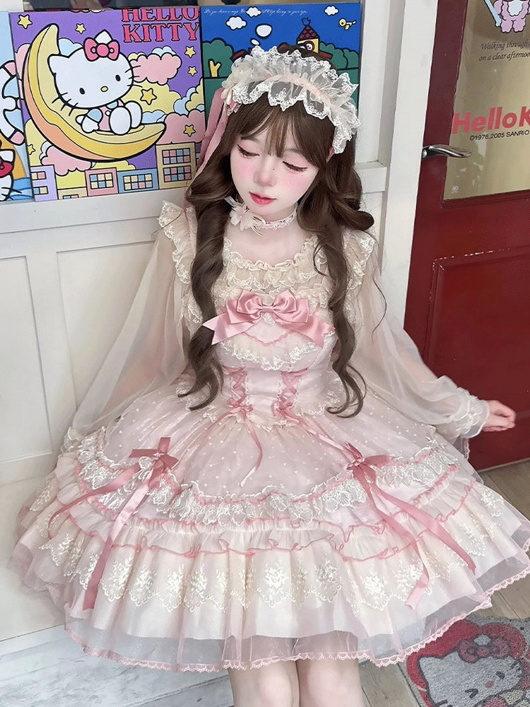 Bow Sweet Lolita Dress Flutter Pink Lace-up Bodice High Waist Sleeves with Big Jumper Skirt Detachable