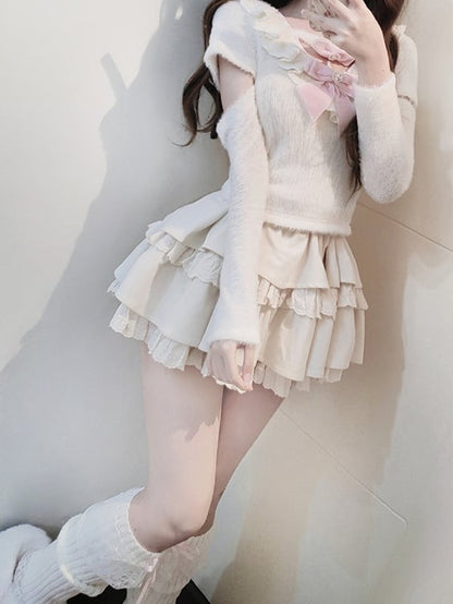 White Ruffle Neckline Cutout Sleeves Sweater with Tiered Skirt and Pink Bows Set
