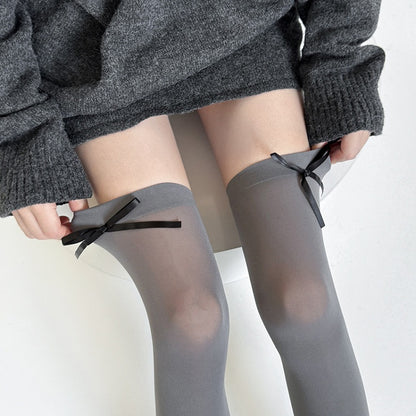 Black Stockings / Semi-sheer Accents Bow Gray JK White