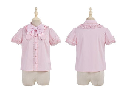 Pink Removable Bowknot Neckline Beads Short Puff Sleeves Blouse