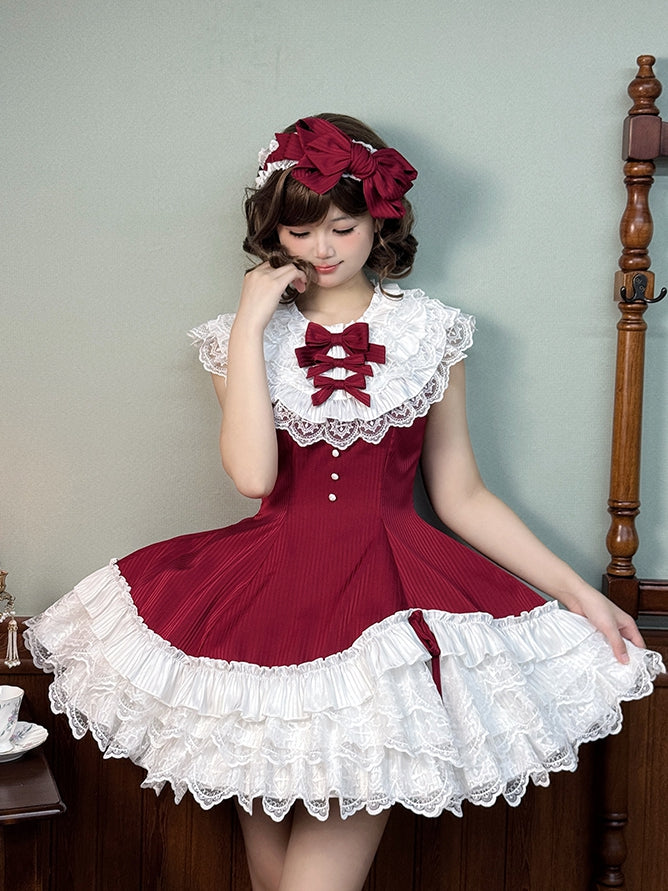 Red Striped Fabric Slim Fit Waist Layered Ruffle Neck Sweet Lolita Sleeveless Dress