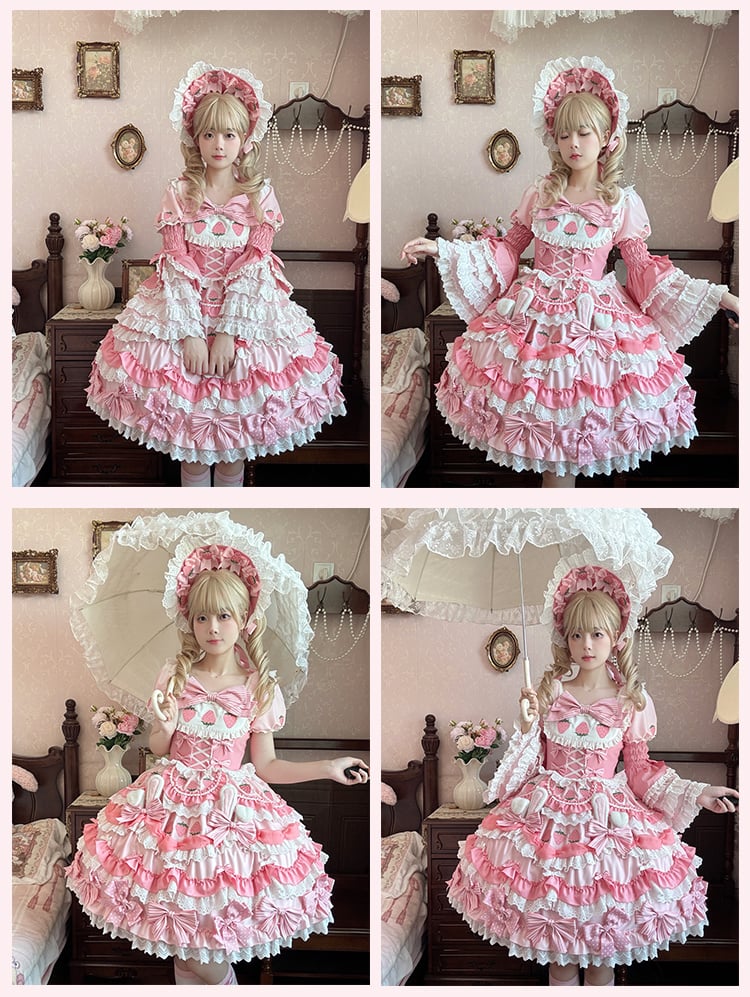 Four-pieces Pink Lolita Sweet Set-Tiered Creamy Strawberry Bunny