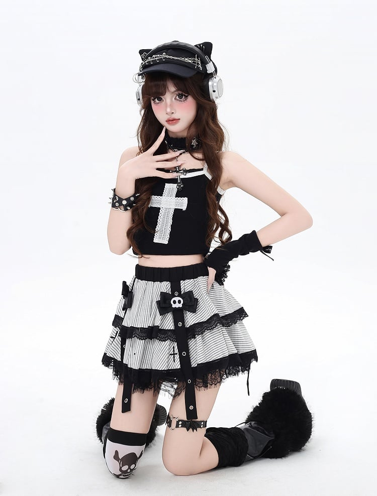 Skeleton Clips with White Stripes Lace Trim Punk Bow Lined Tiered Skirt