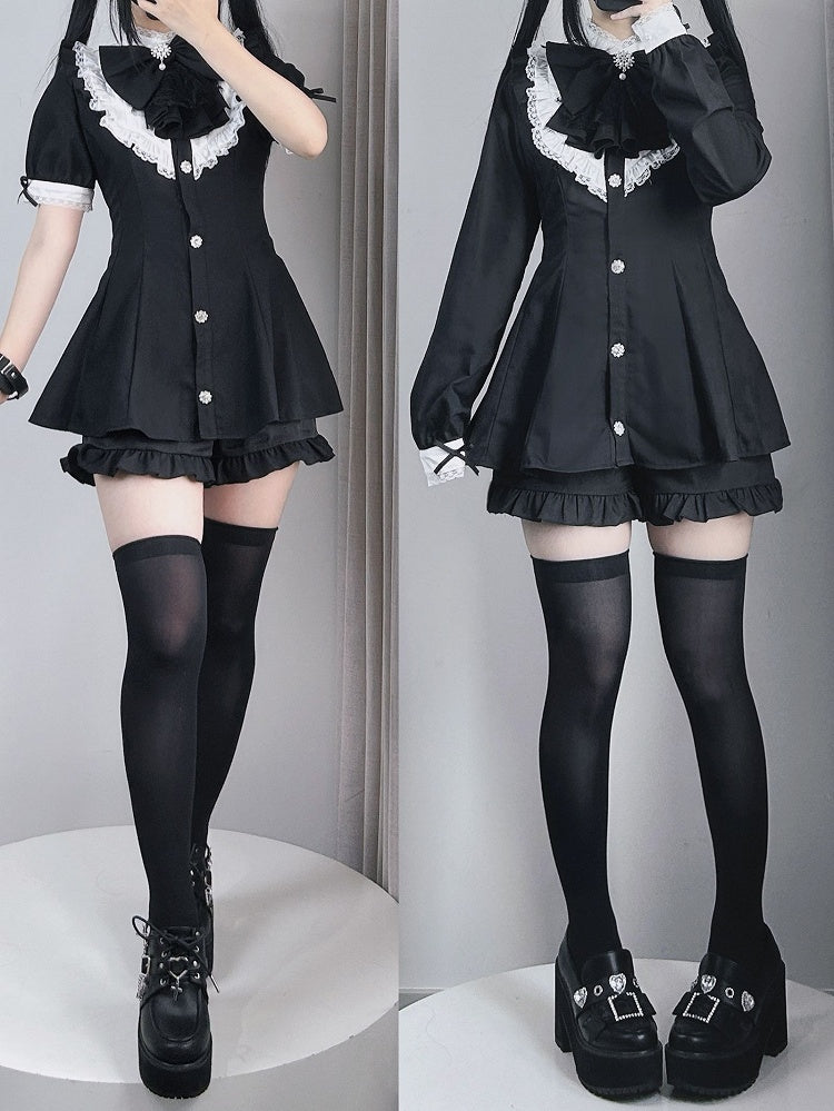 Big Jirai Kei Schwarz Abnehmbare Set Lange Bogen Kleid + Shorts Jabot Kragen und Ärmel Mini