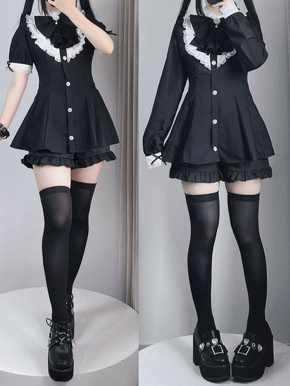Kurzes großes Jirai Kei-Kleid in Schwarz mit abnehmbaren Ärmeln, Minikleid mit Jabot-Kragen und Schleife + Shorts