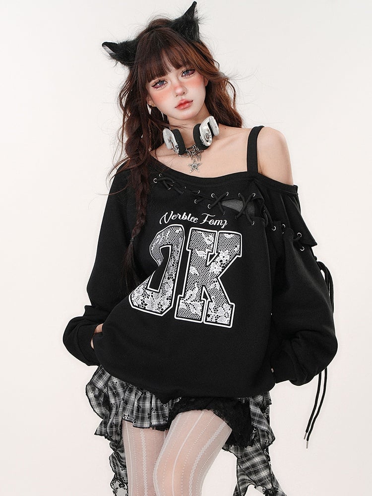 Lace Letter Appliques Black Sweatshirt Lace-up Detail