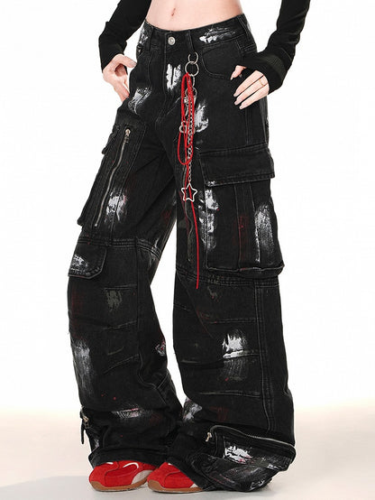 Cut Zipper Black with Wide-leg Cargo Jeans Spray Paint Print Design