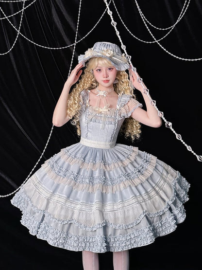 Elegante Verzierungen Plissee Rüschen Klassisches Lolita Kleid Blau Details und