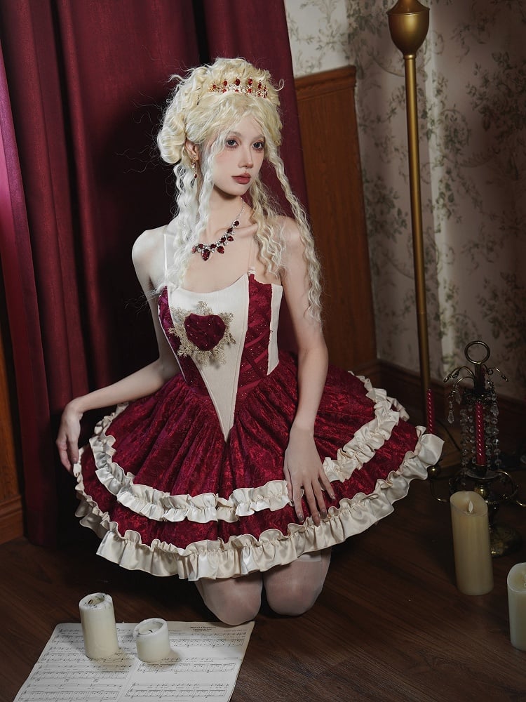 Red and Off White Boned Basque Waist Lolita Strapless Dress