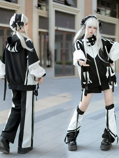 White and Landmine Black Baggy Set: Techwear Jacket