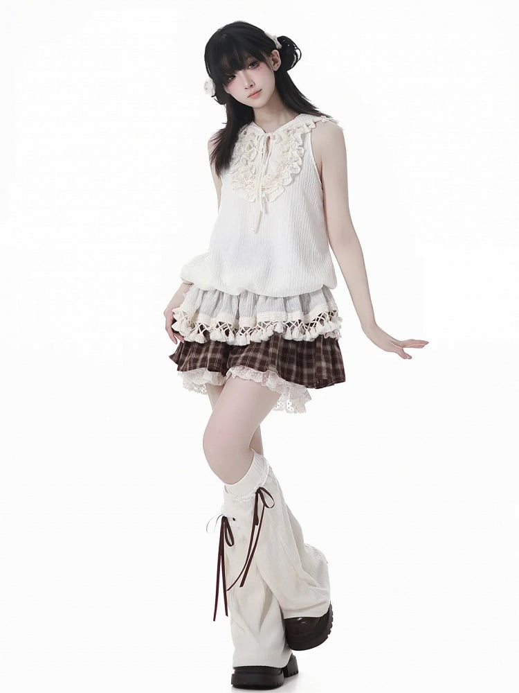 Neckline Hooded Sleeveless Top Keyhole Tassel Hem Tiered Ruffles Self-tie Beige Bohemian