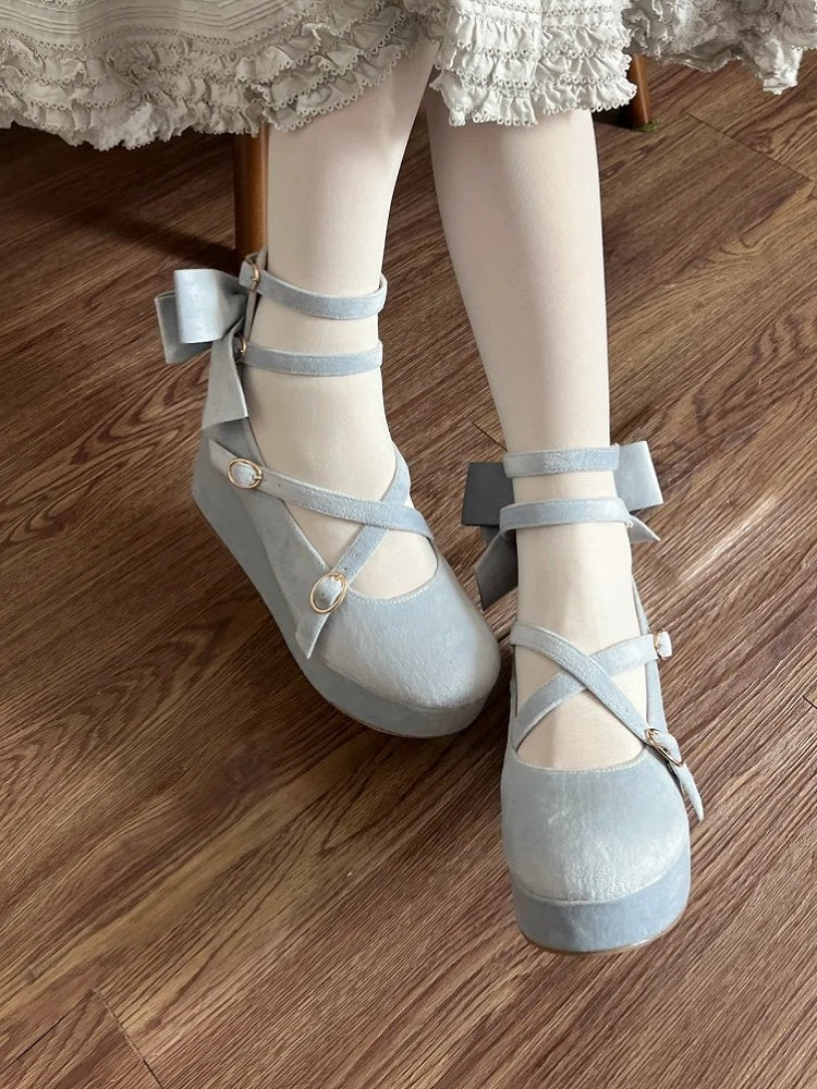 Sweet Accent PU Design Platforms - Blue Wedge Crisscross Lolita Bow