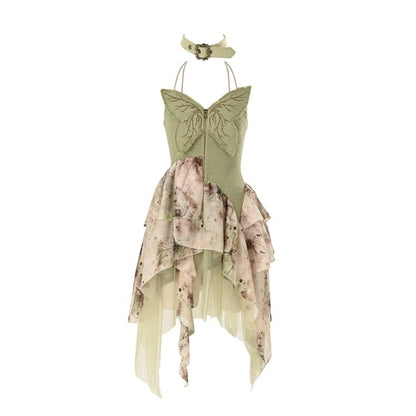 Green Butterfly Bodice Fairycore Handkerchief Hem Dress