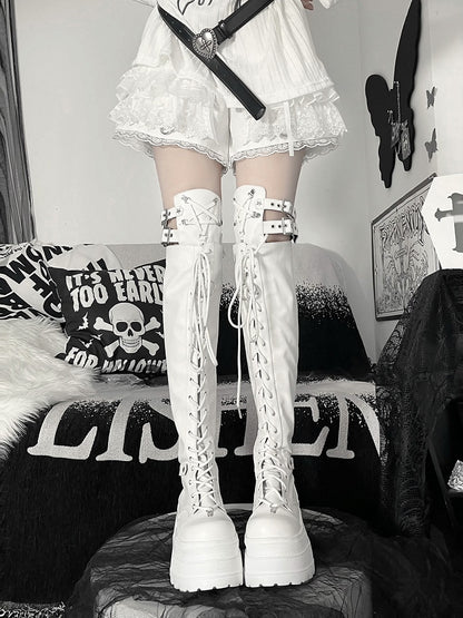 Y2K Matte White Punk Star Strap Details Thigh-high Platform Boots