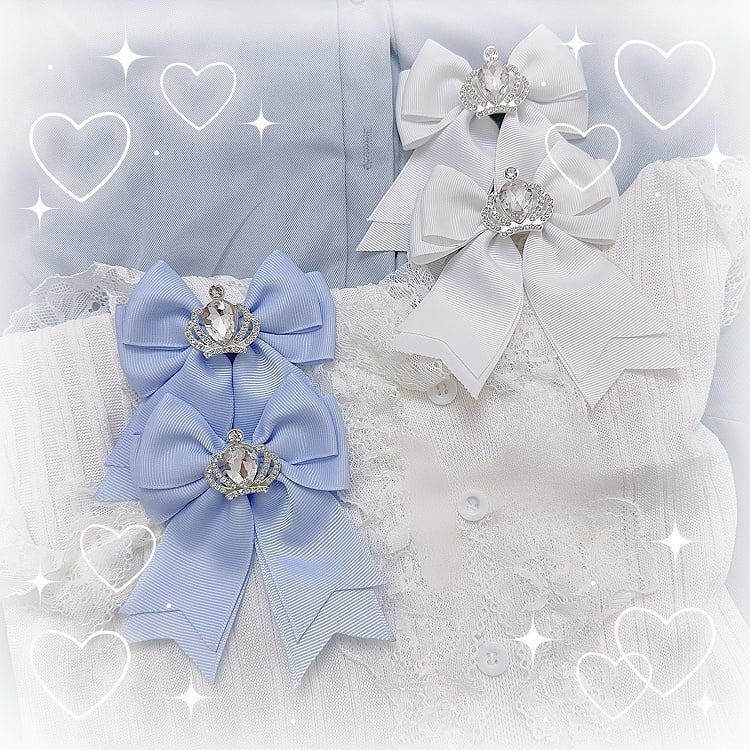 Jirai Kei Blue White Rhinestone Crown Bowknot Hairclips