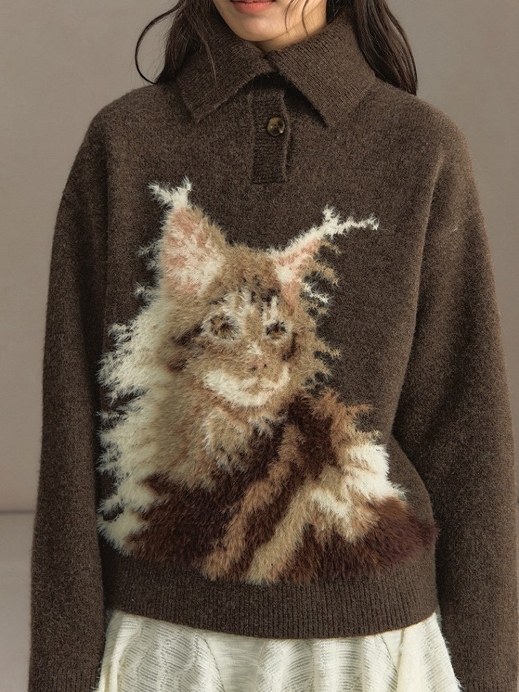 Beige/Brown Cozy Loose-Fit Pullover Sweater with Cat Design and Convertible Collar