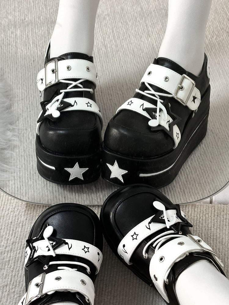 Black Jirai Kei Star Buckle Strap Platform Shoes