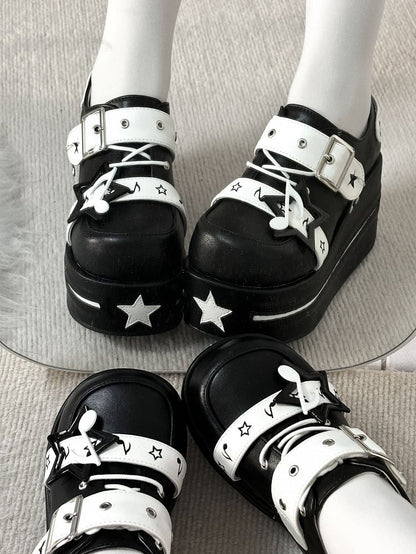 Black Jirai Kei Star Buckle Strap Platform Shoes