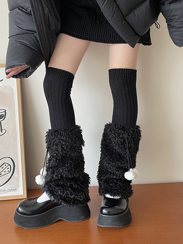 Cute White/Black/Brown Y2K Knit Leg Warmers With Pompons