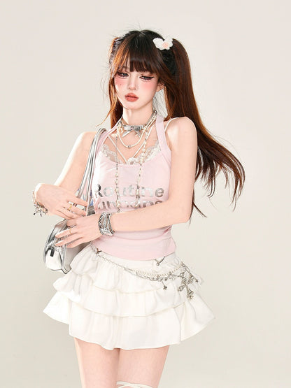 Pink Halter Neck Letter Print Glamorous Sleeveless Top