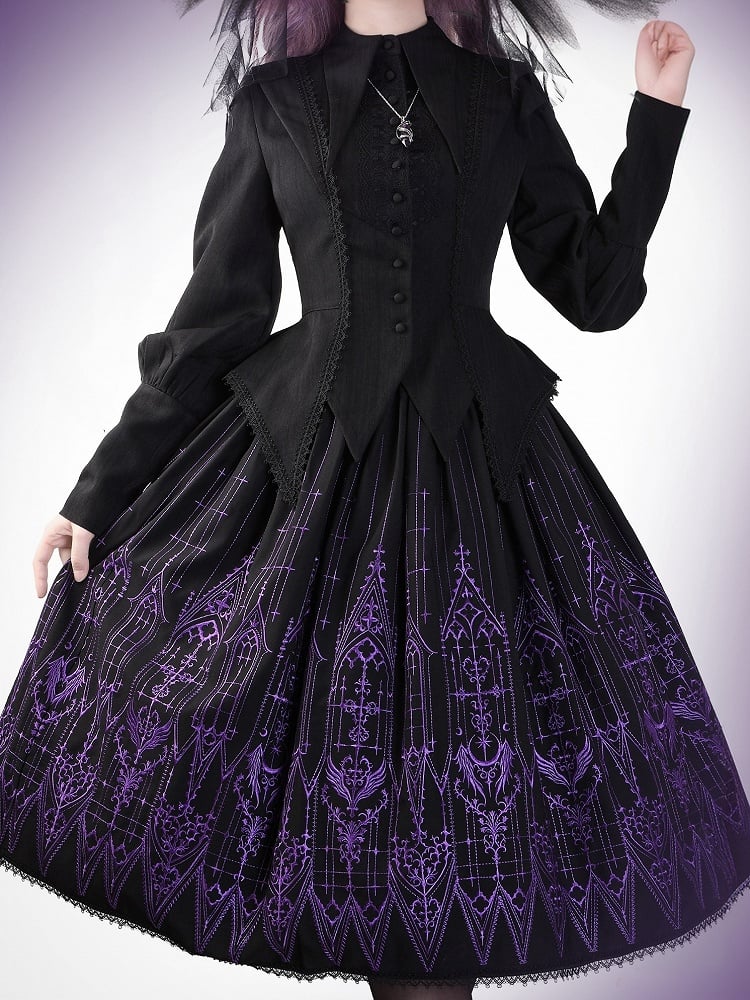 Black Gothic Lolita Cathedral Glass Skirt Embroidery Purple