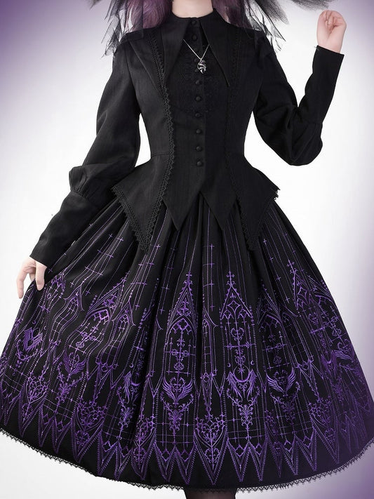 Black Gothic Lolita Cathedral Glass Skirt Embroidery Purple