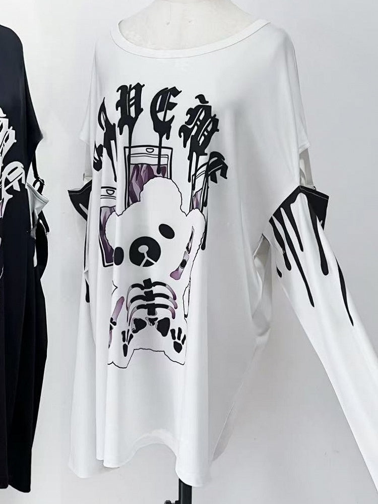 White Letter Kei Long Top Print Sleeves Bear Jirai And