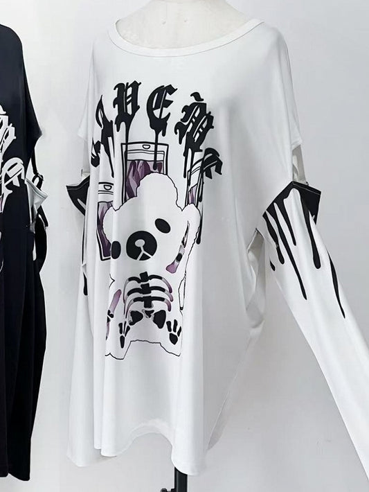 White Letter Kei Long Top Print Sleeves Bear Jirai And