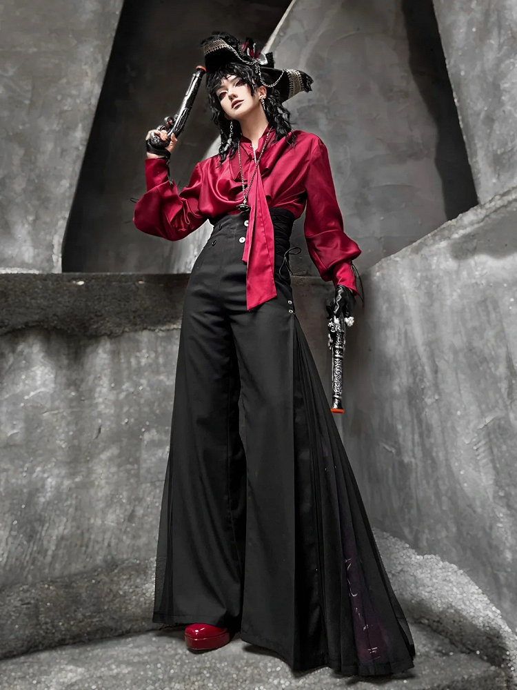 Pleated Ouji Wide-leg Pants High Fashion Chiffon Black Side Panel with Waist