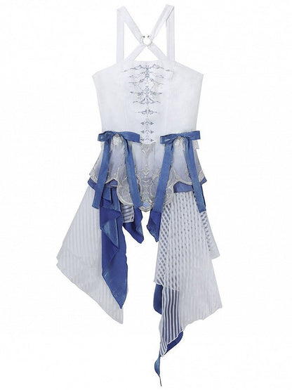 Lolita Handkerchief White Skirt with Blue Dragon And Neck Dress Straps Print Layered Crisscross Gothic Bone