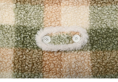 Green Polo Collar Lace Trim Plaid Fleece Coat