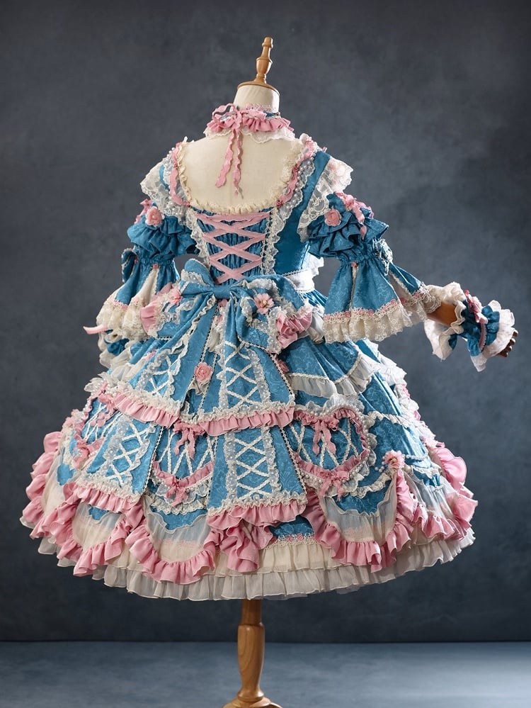 Rosette Embroidery Floral and Bead Chain Details Blue Gorgeous Hanayome Lolita Dress