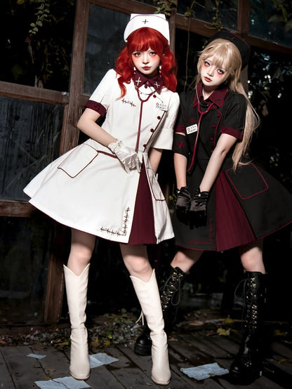 White and Red Halloween Costume Nurse Lolita Dress Full Set