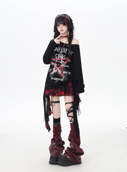 Top Schwarz Asymmetrischer Ausschnitt Star Graffiti Print Lose