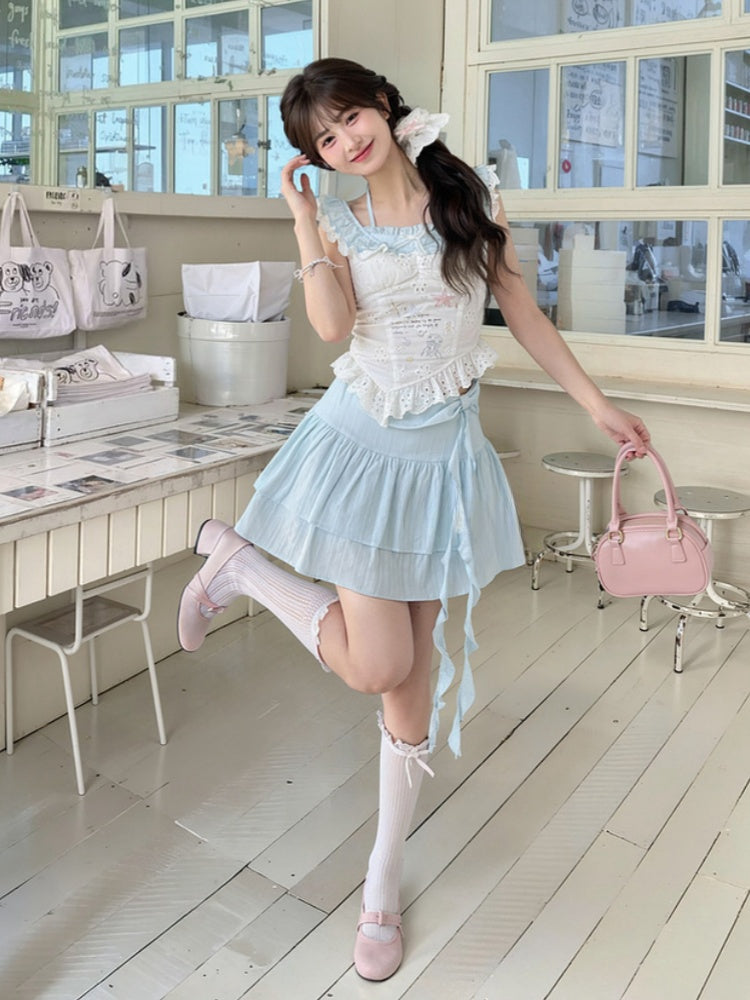 Yume Kawaii Blue Bowknot Detail Waist Tiered Skirt