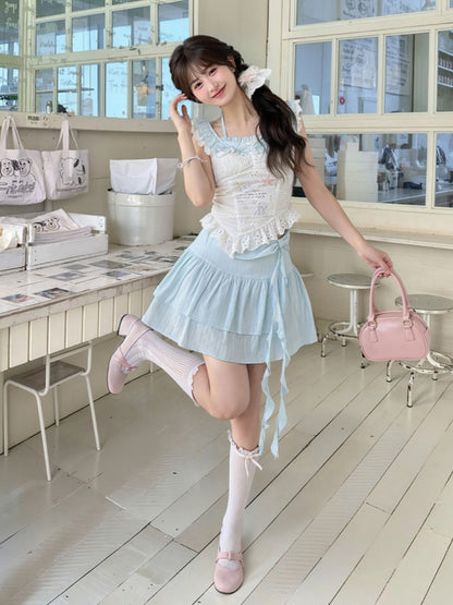Yume Kawaii Blue Bowknot Detail Waist Tiered Skirt
