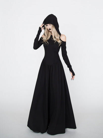 Gothic Black Cutout Shoulder Wasteland Punk Hooded Dress