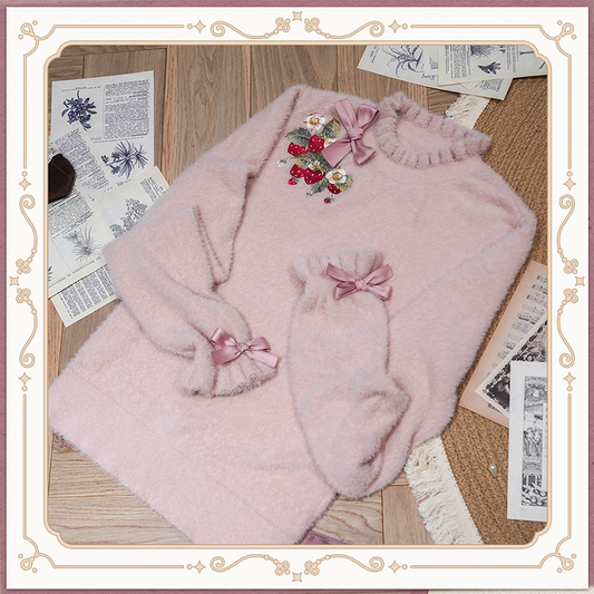 Dusty Autumn Embroidery Strawberry Bowknot Knit on Neckline Top Cuffs Pink